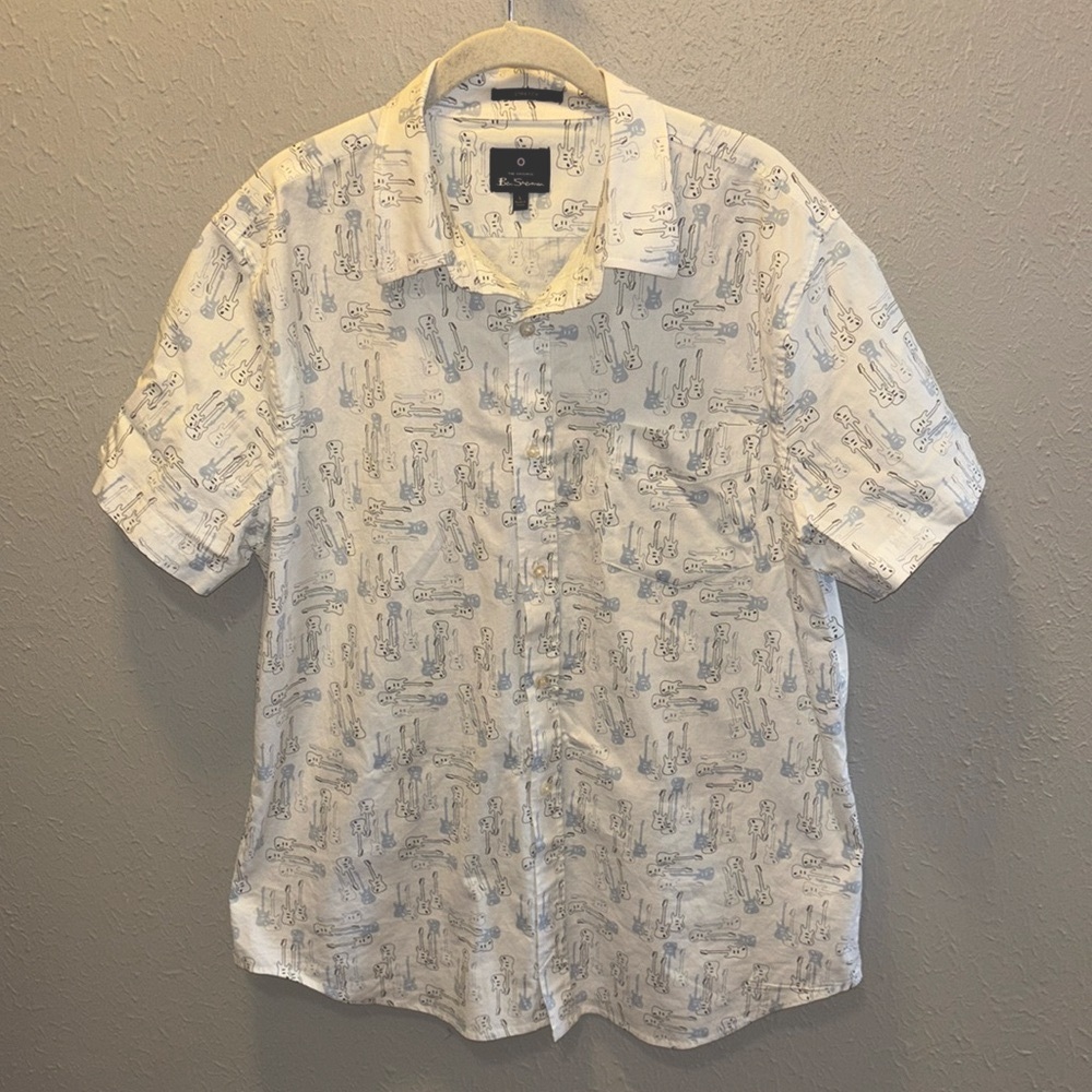 Ben Sherman Shirt All Over Blue Guitar Print Button Down Shirt Men’s Size Large